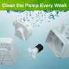White replacement pump and cleaning brush for a cat water fountain, shown with water droplets.