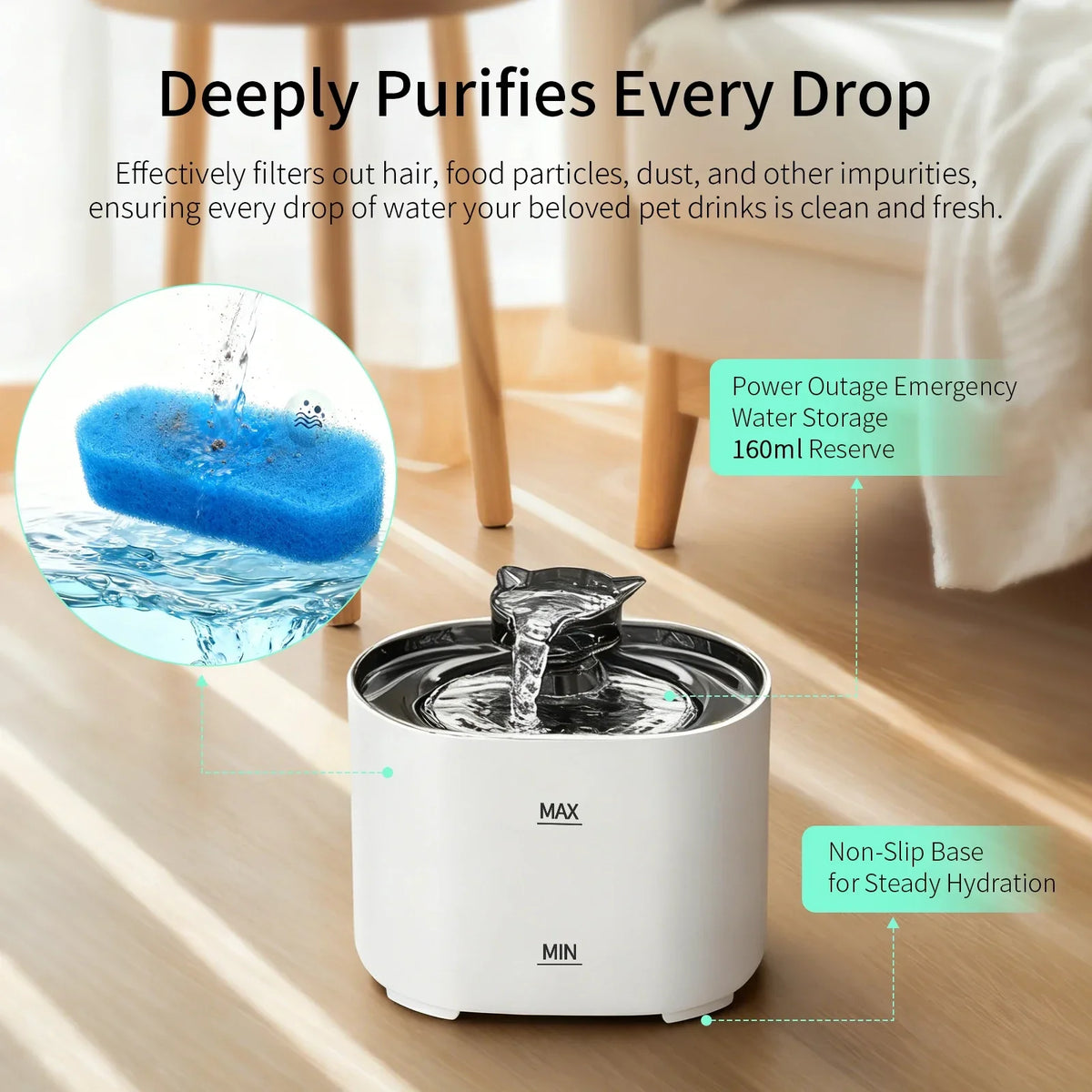 A white USB-powered automatic cat water fountain with a stainless steel bowl is shown on a wooden surface.