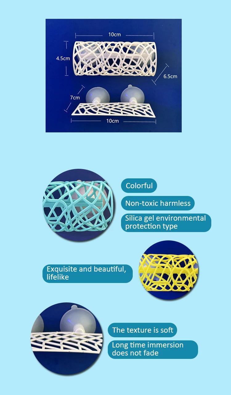 White silica gel aquarium tunnel hideout with a mesh structure and two spherical decorations.