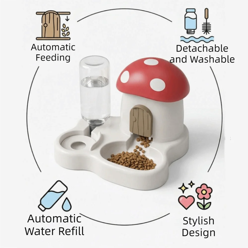 A white mushroom-shaped pet feeder and water dispenser with a red cap, showing automatic feeding and water refill features.