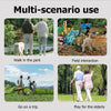 Multi-scenario use showing people walking in a park, field interaction, going on a trip, and playing for the elderly.