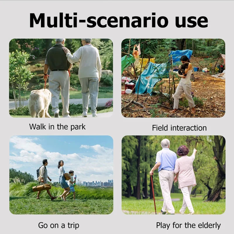 Multi-scenario use showing people walking in a park, field interaction, going on a trip, and playing for the elderly.