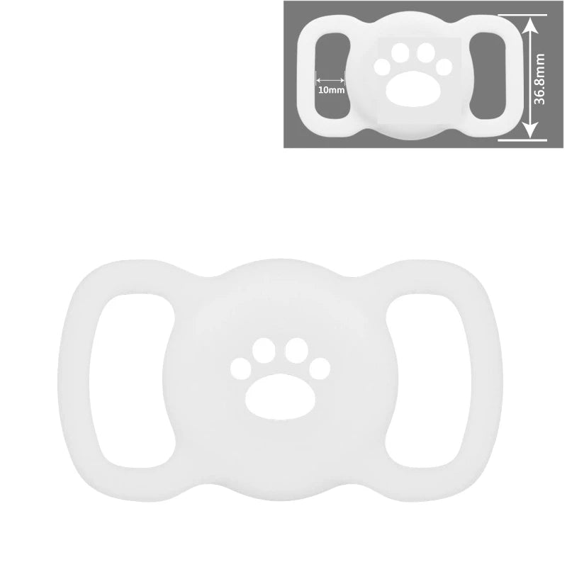 Weißer Silikon-AirTag-Halter mit Pfotenabdruck-Aussparung und Riemen für Tierhalsbänder
