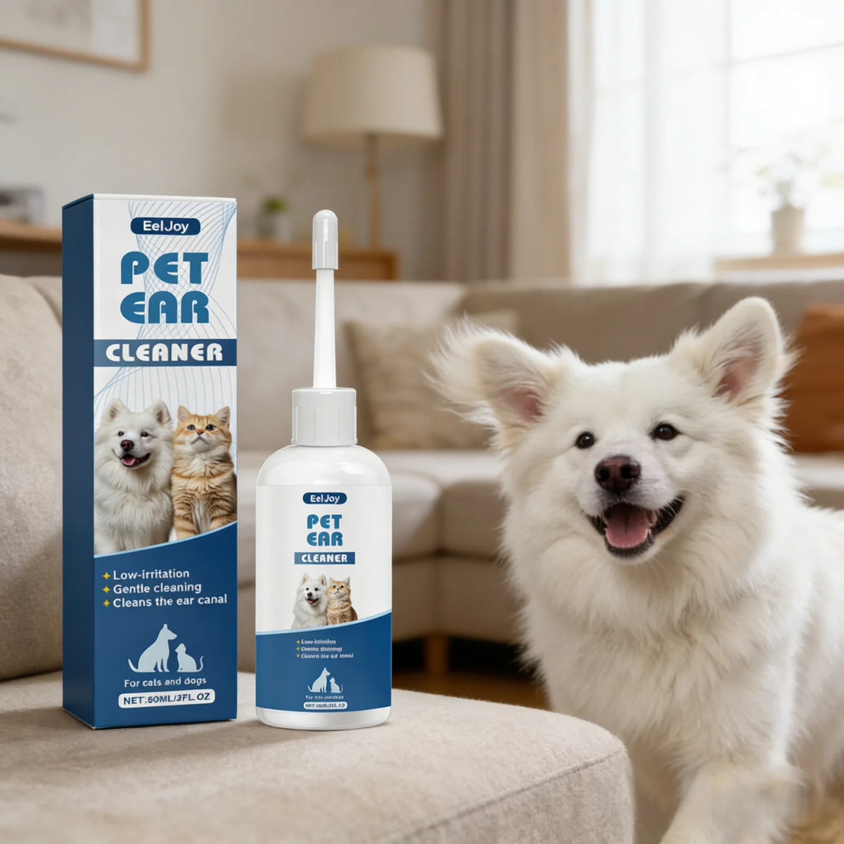 A bottle of Pet Ear Cleaner solution next to a fluffy white dog, with packaging visible.