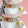 A rainbow flower cat collar with a bell is shown around the neck of a white stuffed animal.