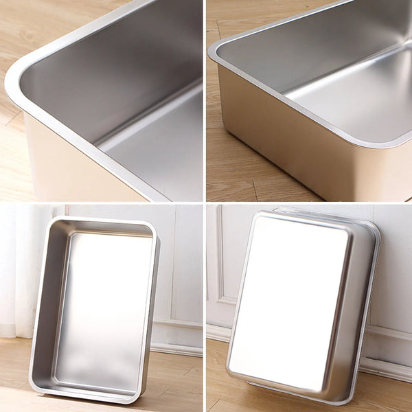Stainless steel cat litter box trays shown in various angles and sizes for multi-pet homes