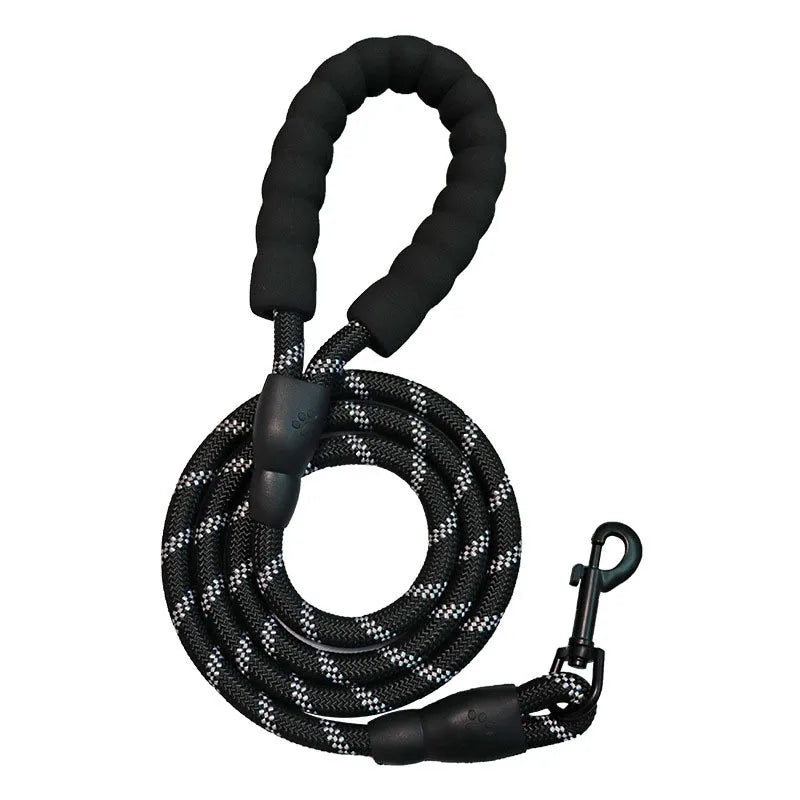 Black reflective dog leash with a padded handle coiled and attached to a clip.