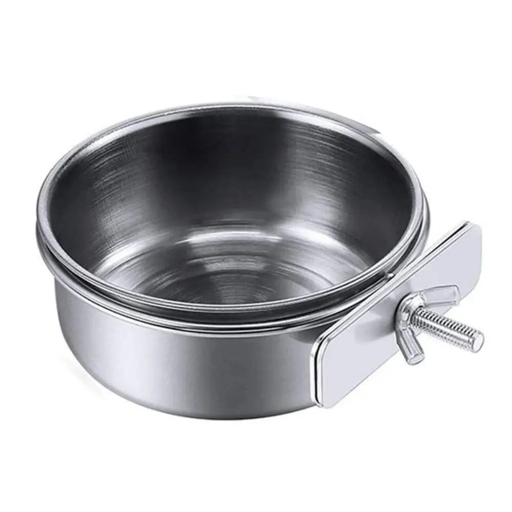 A stainless steel hanging bird bowl with a hinged lid and wire bail.