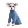 A small, light blue thermal fleece dog jumpsuit with fluffy ears sitting on a white background.