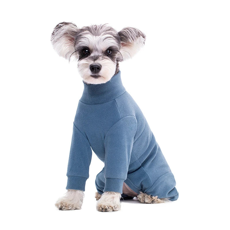 A small, light blue thermal fleece dog jumpsuit with fluffy ears sitting on a white background.