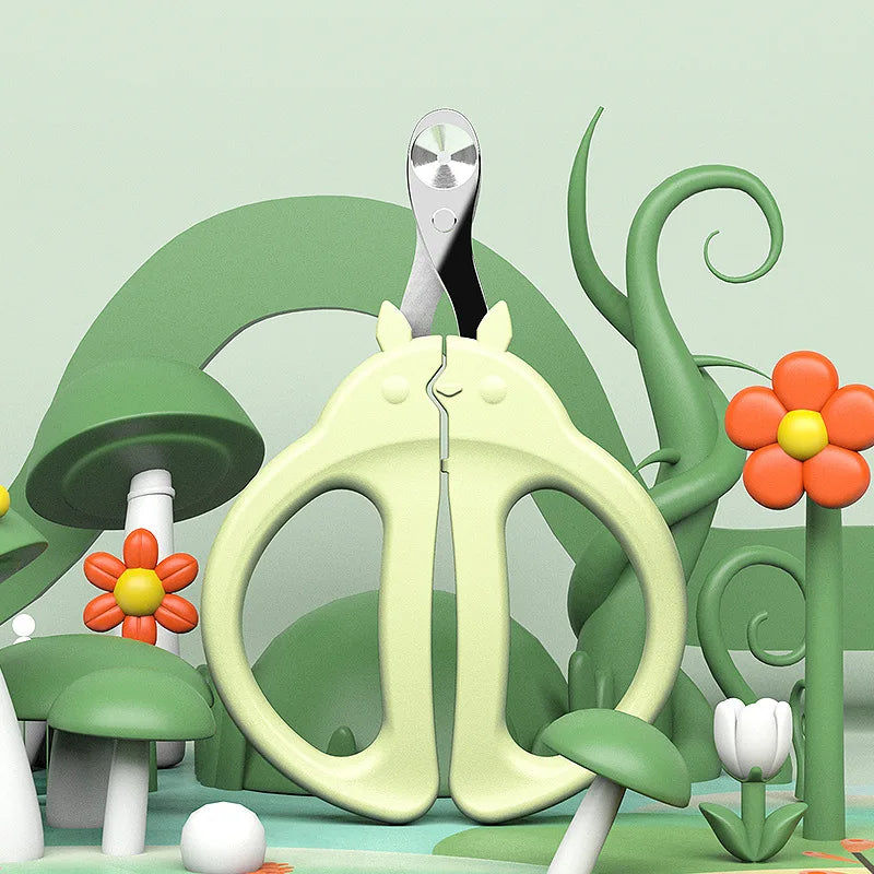 A light green cat-shaped nail clipper with a safety guard is shown surrounded by green plants and mushrooms.