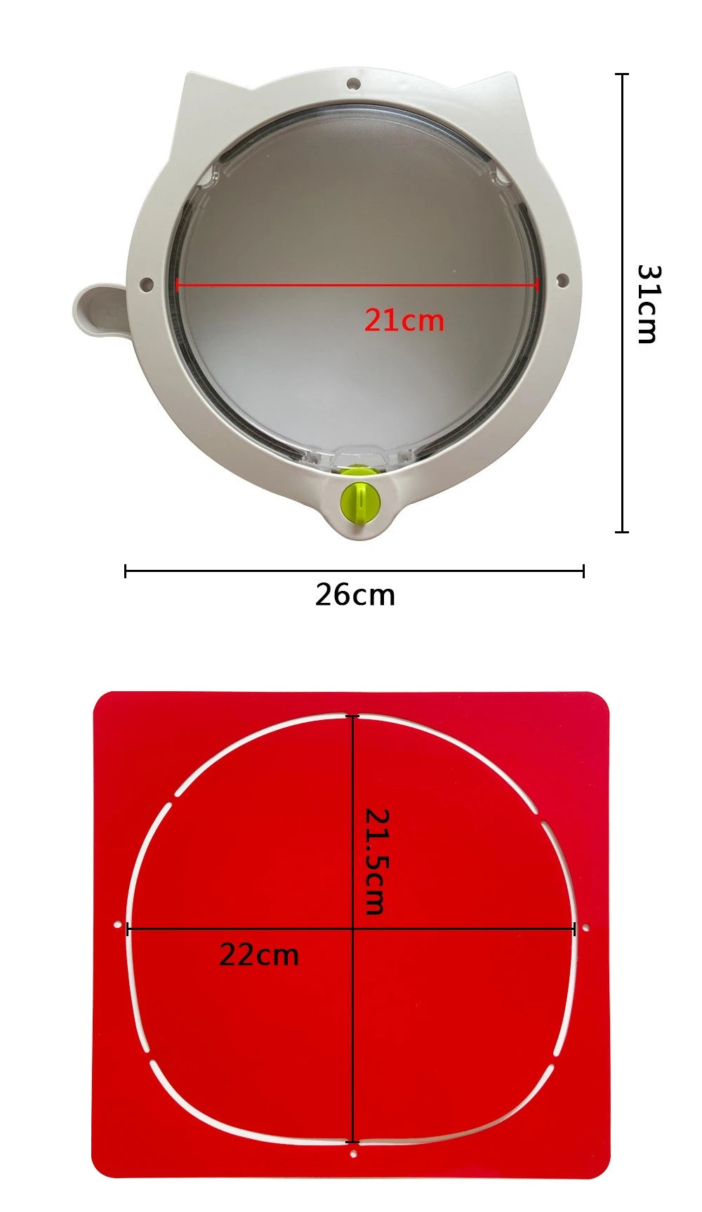 A red circular flap with a white outline, used as a 4-way lockable pet door for cats and dogs.