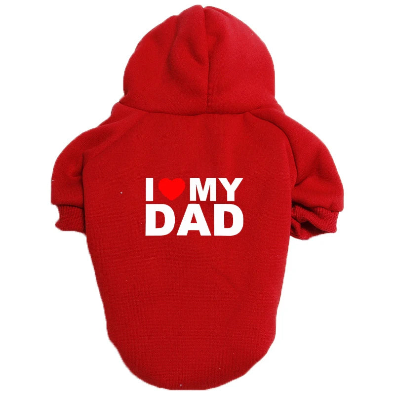 A red hoodie with white text that reads I love my dad