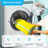 A yellow reusable bag is shown being placed into a washing machine drum for shoe cleaning.