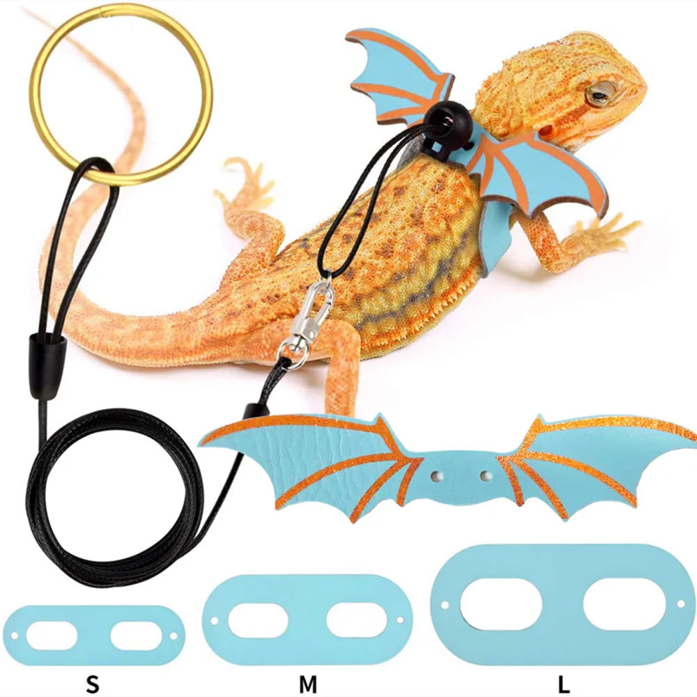 Adjustable bearded dragon harness with bat wings shown in various sizes S M L