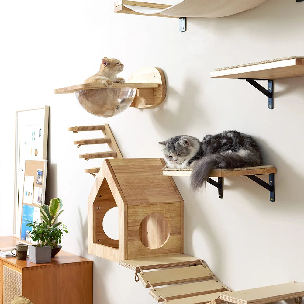 Wall-mounted wooden cat climbing hammock with multiple levels for a pet