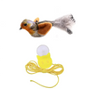 A realistic bird-like cat toy featuring brown and gray feathers, connected to a yellow light and wire.