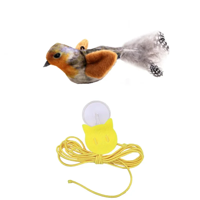 A realistic bird-like cat toy featuring brown and gray feathers, connected to a yellow light and wire.