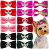A collection of glitter dog bow hair clips in various colors and designs for pets.