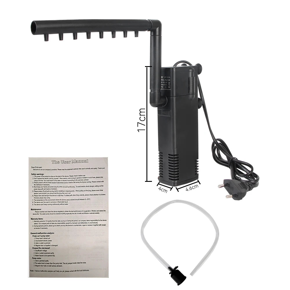 A black submersible aquarium filter pump with a sponge and tubing is shown.