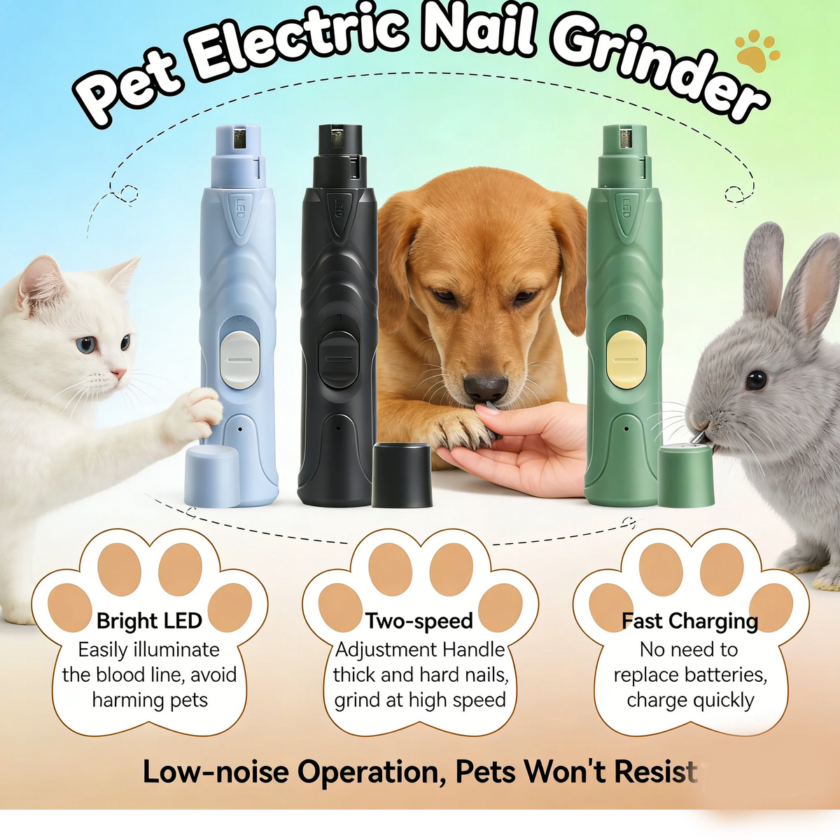 Une main tient un ponceuse électrique pour ongles, démontrant son utilisation sur un chien et un chat.
