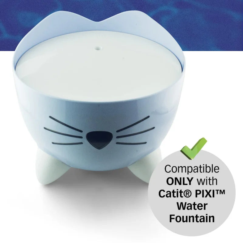 A light blue cat-shaped water fountain with a white bowl and whiskers, indicating compatibility only with Catit PIXI Water Fo