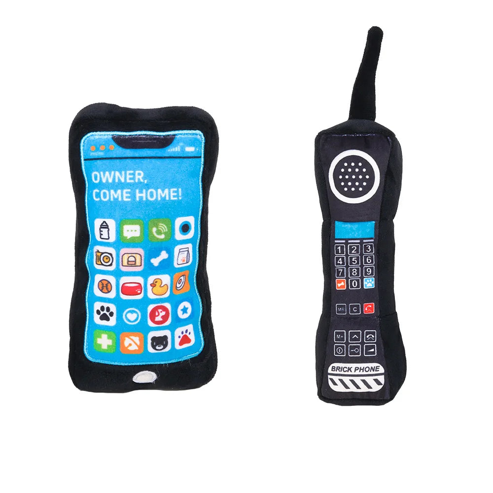 Black plush phone-shaped squeaky dog toy with crinkle paper features a keypad and various icons.