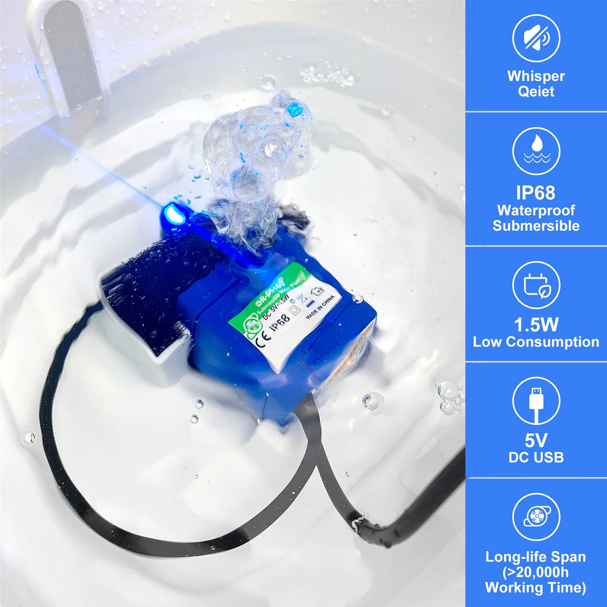 A blue submersible water pump is shown submerged in water, demonstrating its waterproof and low-consumption features.