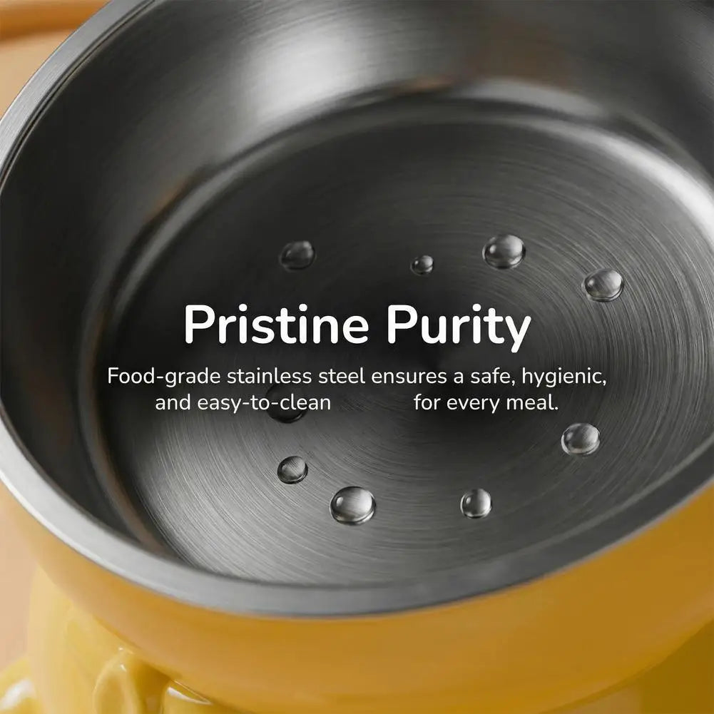Close-up of a stainless steel bowl insert for an elevated cat bowl, emphasizing pristine purity and food-grade material.