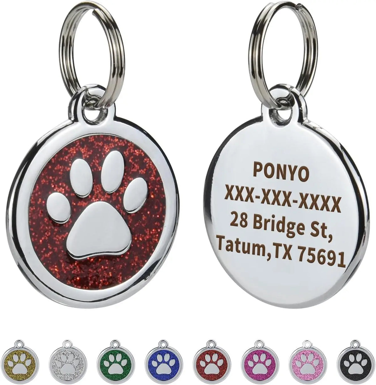 A set of personalized paw print pet ID tags with various colored paw prints.