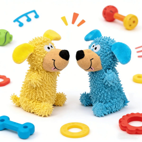 Two plush squeaky dog chew toys, one yellow and one blue, lying on a white surface.