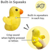 A yellow plush toy shaped like a duck with built-in squeakers, demonstrating its sound when pressed.