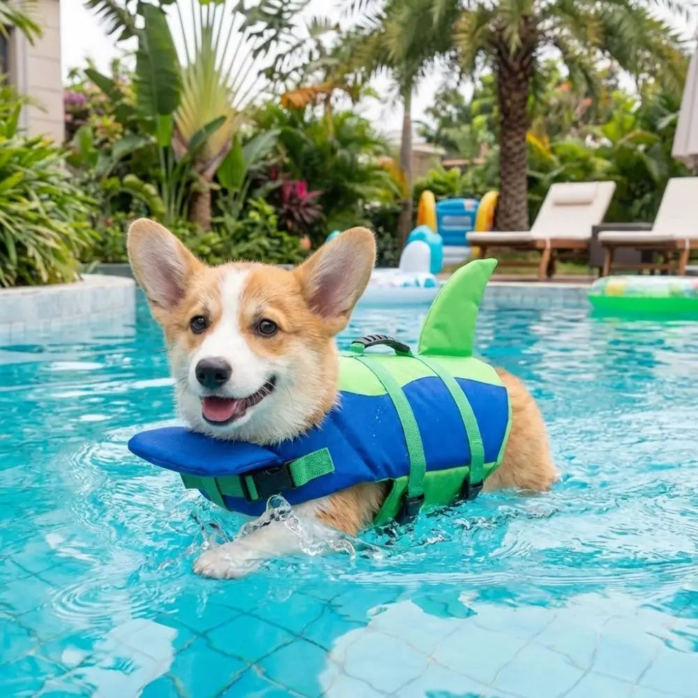 Shark-Shaped Dog Life Vest with High-Visibility Safety Features