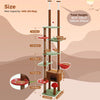 A tall wooden cat tree structure with multiple levels, platforms, and a hammock for climbing and resting.