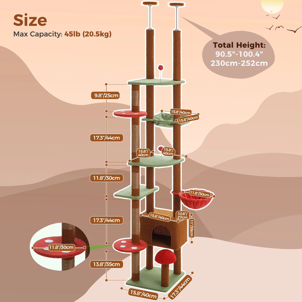 A tall wooden cat tree structure with multiple levels, platforms, and a hammock for climbing and resting.