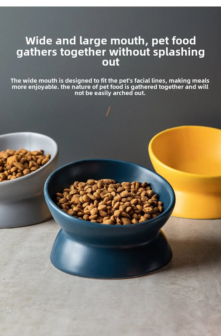 A blue ceramic cat bowl with a raised stand filled with dry pet food on a light surface.