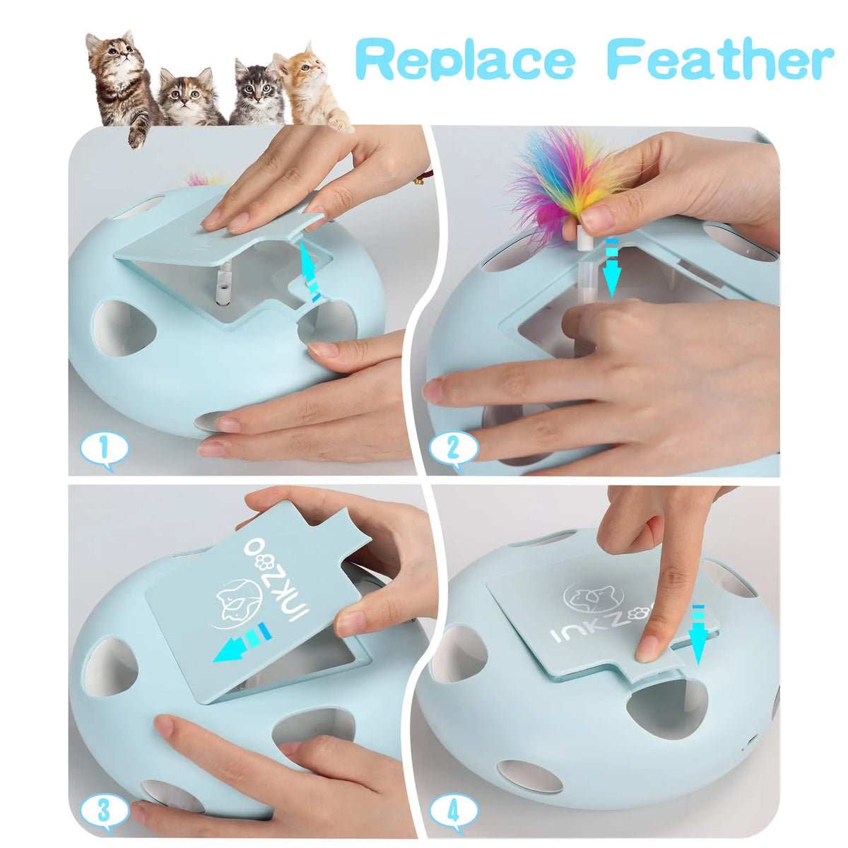 Demonstration of replacing the feather on an InkZoo interactive cat toy with a silicone cover.