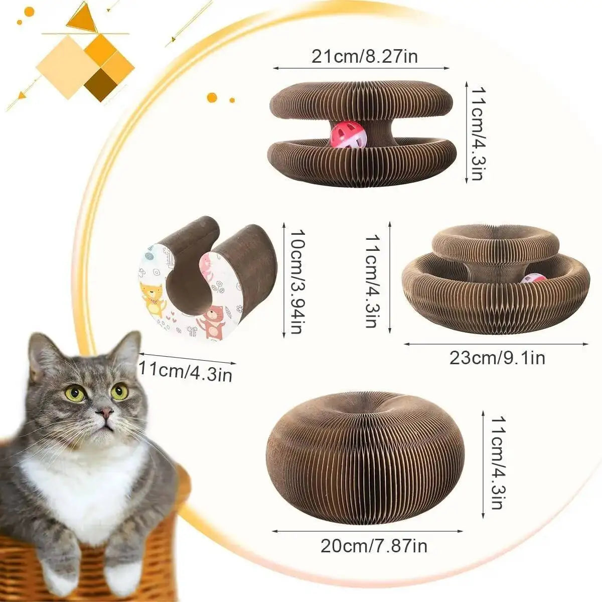 A round corrugated cat scratcher toy with a sisal surface shown next to a cat.