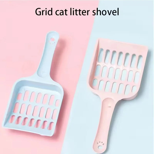 A pink and blue grid cat litter shovel is shown against a light background.