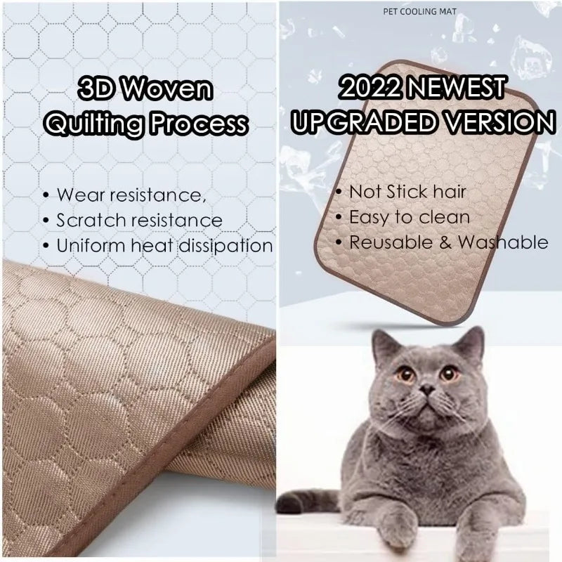 A gray cat is lying on a beige pet cooling mat, highlighting the product's use for pets.