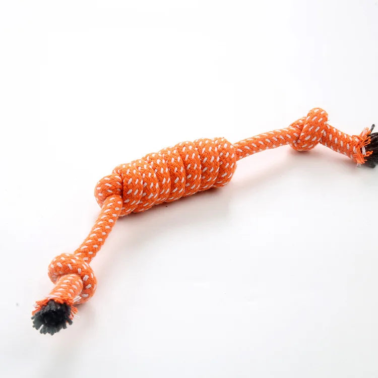 An orange braided cotton rope chew toy for dogs with black tips.