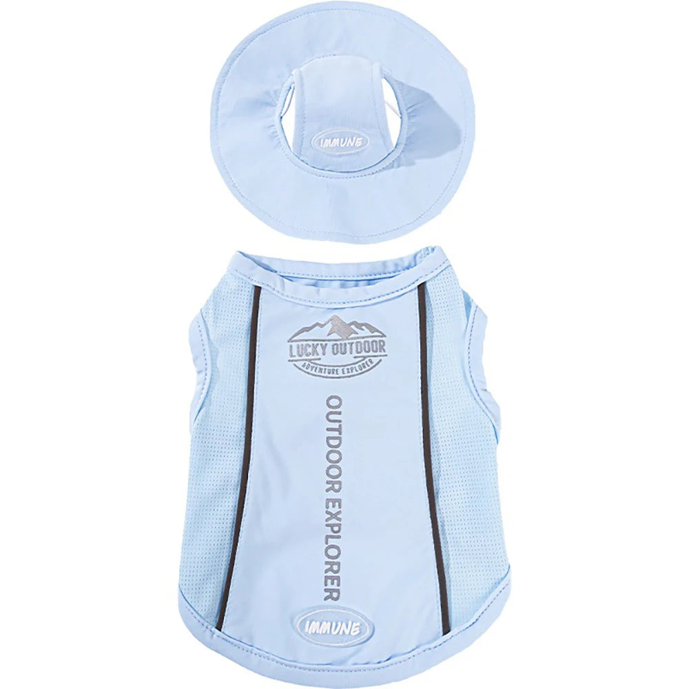 Light blue breathable mesh cooling vest for dogs and cats with a sun protection cap