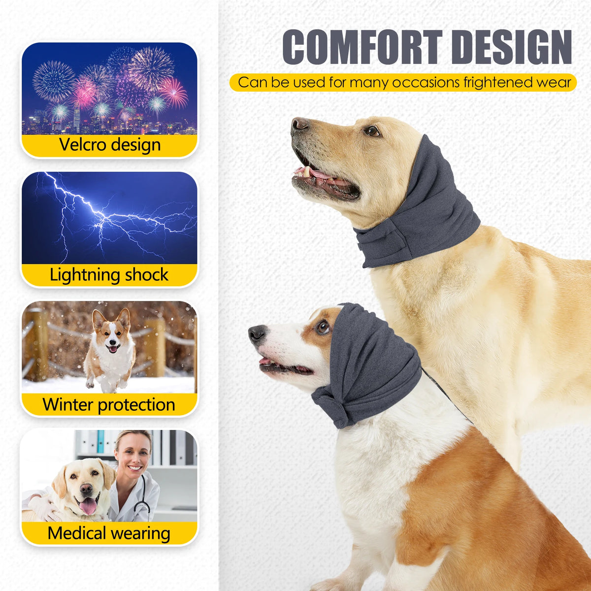 Two dogs wearing gray fabric hoods designed for comfort and protection