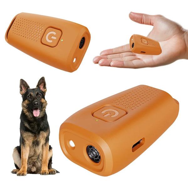 Dispositif anti-aboiement ultrasonique orange pour chiens, montré sous différents angles