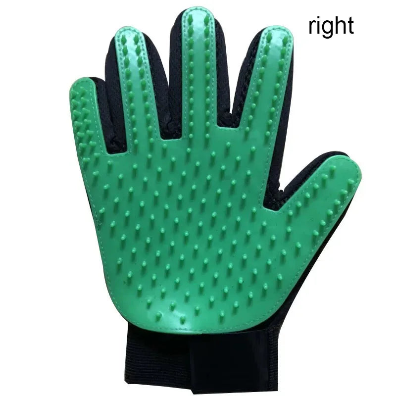 A bright green silicone pet grooming glove with a textured surface shown from the palm side.