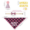 Pink glitter pompom and bow tie set for a dog birthday party including a pink checkered napkin
