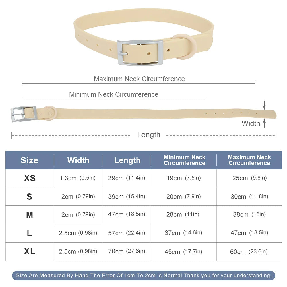 A beige adjustable PVC pet collar shown with various sizes and dimensions.