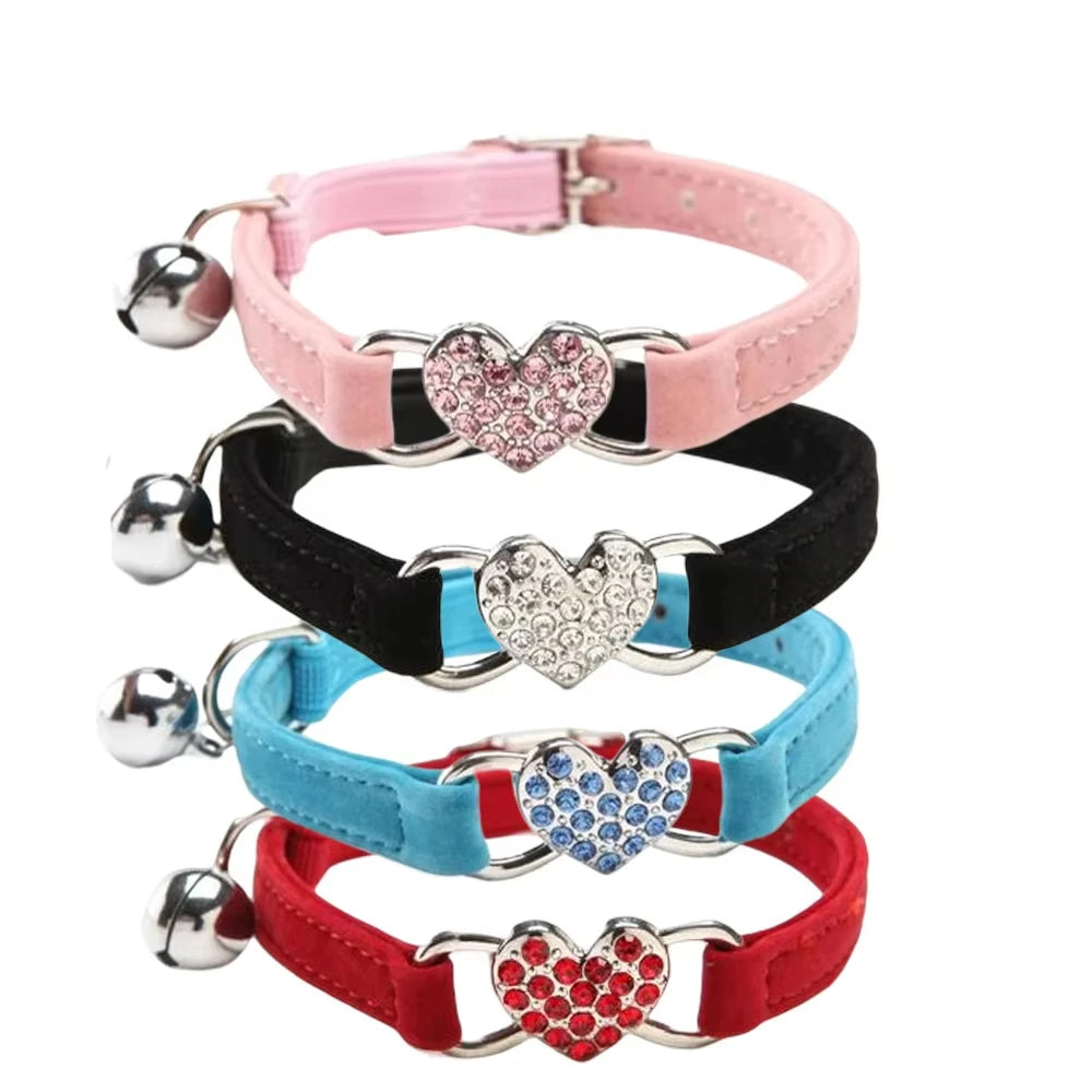 Heart-Shaped Velvet Cat Collar with Bell