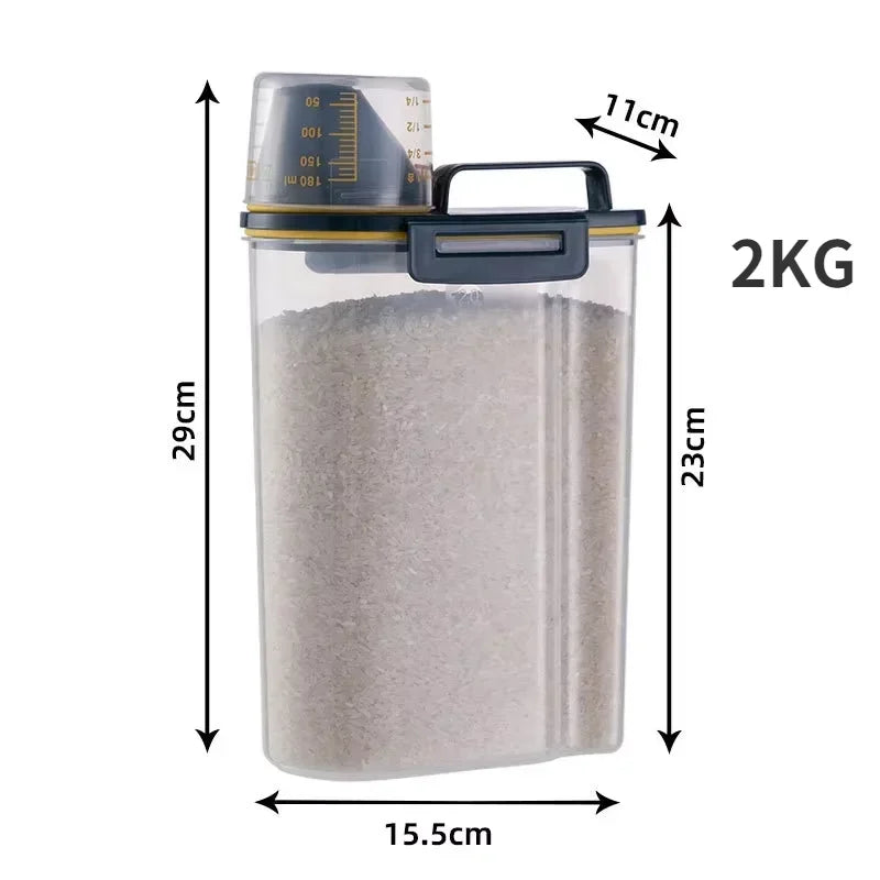 Clear plastic pet food storage container with a measuring cup and lid, showing dimensions.