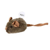 A small, brown plush mouse toy designed to be pulled for squeaking.